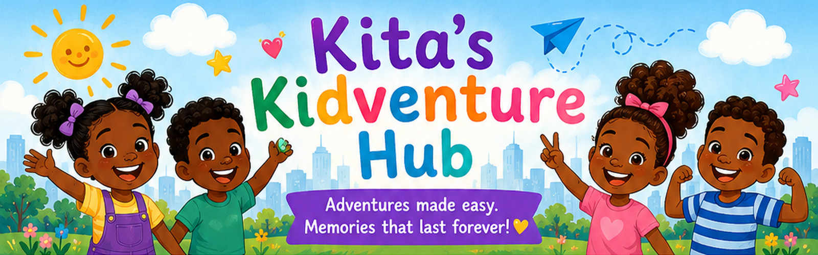 Colorful Kita's Kidventure Hub banner with four children and Houston scenery